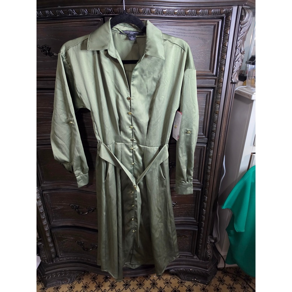 French Connection Olive Green Satin Shirt Dress Midi Belted XS NEW